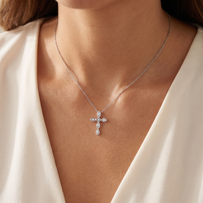 Diamond Cross Pendant 14k White Gold EX3 Lab Grown