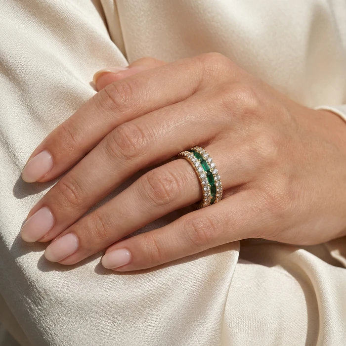 2 1/2 Ct Diamond & Emerald Eternity Ring in Yellow Gold Lab Grown