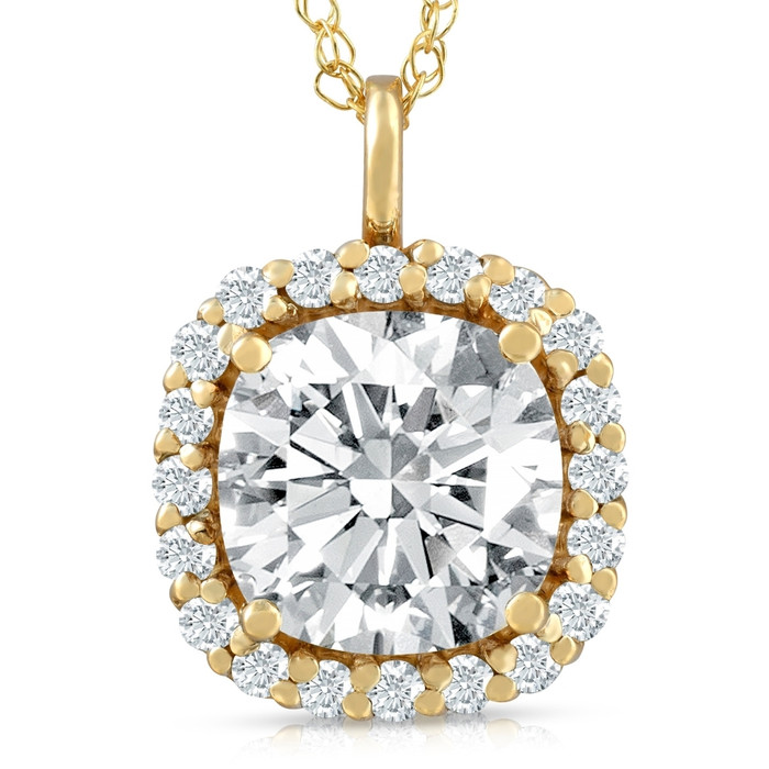 3 5/8 Ct Cushion Moissanite & Lab Grown Diamond Halo Pendant 14k Gold Necklace