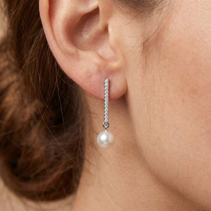 6mm Pearl & Diamond Dangle Earrings Women's 14k Gold Tennis Earrings Lab Grown