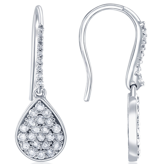1 1/8ct Lab Grown Diamond Hoops Dangle Pear Shape 18K White Gold 1 1/4" Tall
