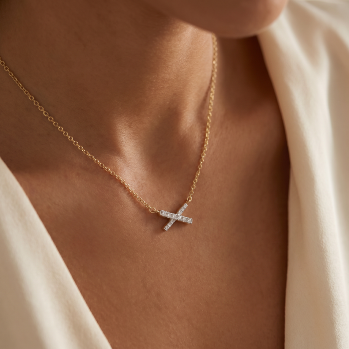 1/5Ct TW Diamond X Cross Pendant Yellow Gold Women's Necklace 18" Lab Grown