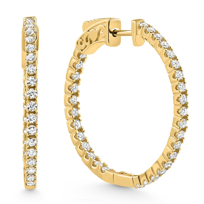 1.75 ct Lab Grown Diamond Hoops Inside Outside 1 1/3" 14K Yellow Gold Vault Lock