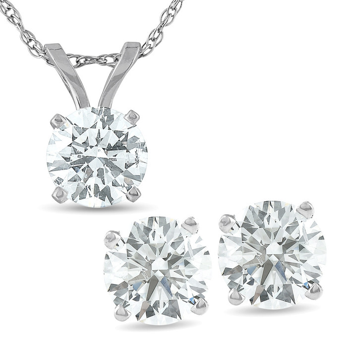 2 Cttw Round Cut Diamond Solitaire Necklace & Screw Back Stud Earrings Set 14K White Gold