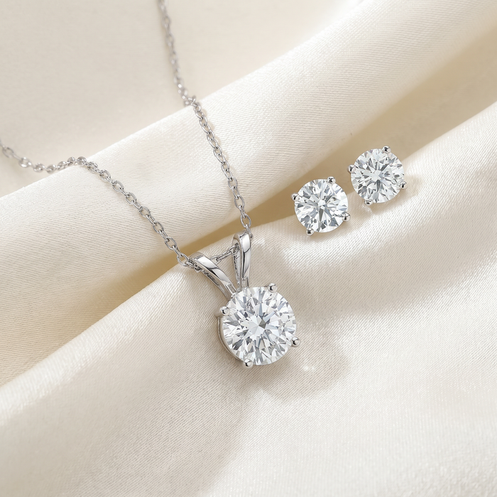 2 Cttw Round Cut Diamond Solitaire Necklace & Screw Back Stud Earrings Set 14K White Gold
