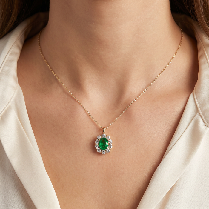 1 3/4ct Emerald & Genuine Diamond Halo Pendant 14K Yellow Gold