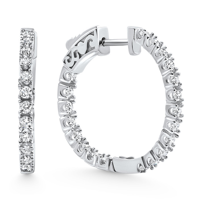 1.75 ct Lab Grown Diamond Hoops Inside Outside 1 1/3" 14K White Gold Vault Lock