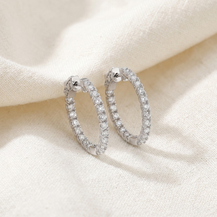1.75 ct Lab Grown Diamond Hoops Inside Outside 1 1/3" 14K White Gold Vault Lock