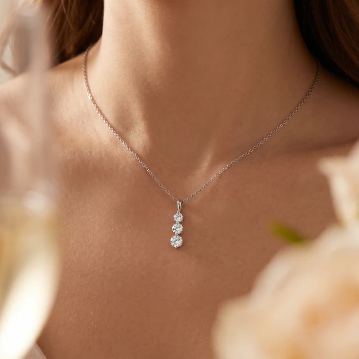 2 Ct Three Diamond Pendant 14K White Gold 3 Stone Lab Grown Necklace