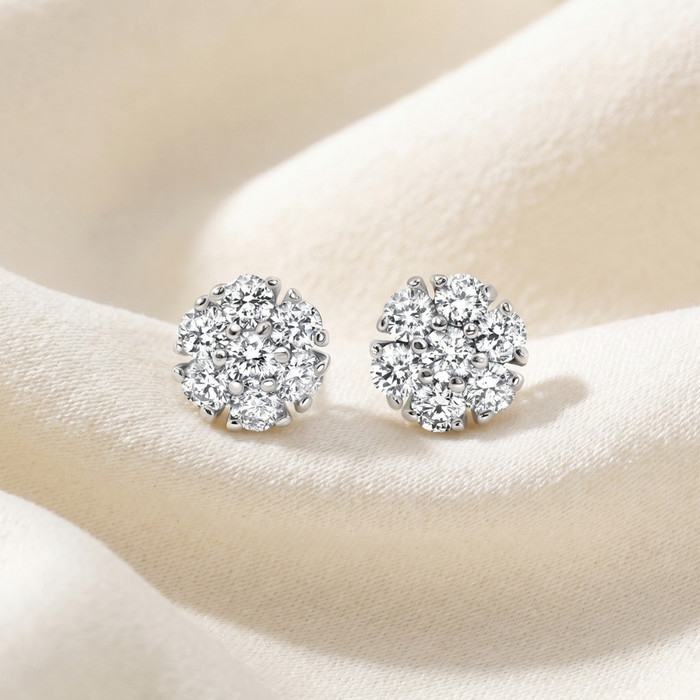 3/4Ct Diamond Cluster 7-Stone Pave Studs Screwback Earrings 14k Gold Lab Grown