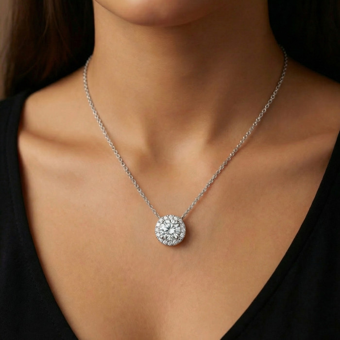 Certified 3 1/2Ct Halo Diamond Pendant Lab Grown 14k Gold Women's Necklace