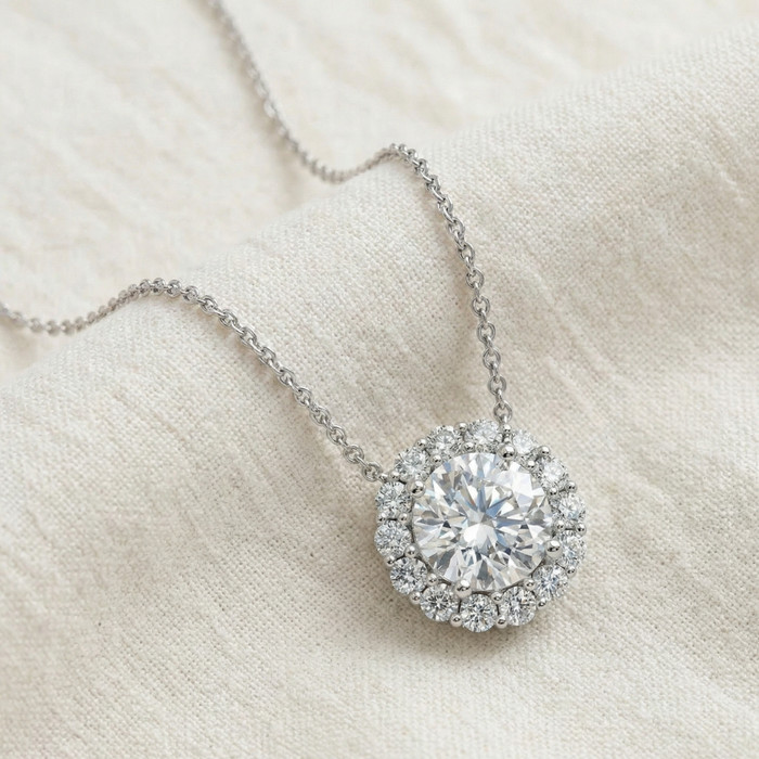 Certified 3 1/2Ct Halo Diamond Pendant Lab Grown 14k Gold Women's Necklace