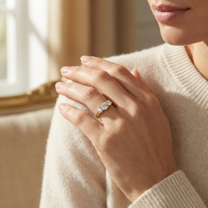 1 Ct Three Stone Lab Grown Diamond Engagement Ring 14k Yellow Gold