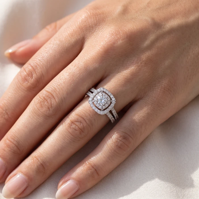 1 1/10 Ct Lab Grown Diamond Cushion Halo Engagement Wedding Ring Set White Gold