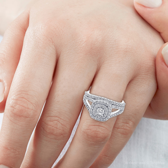 1 1/10 Ct Lab Grown Diamond Cushion Halo Engagement Wedding Ring Set White Gold 1 1/10 Ct Lab Grown Diamond Cushion Halo Engagement Wedding Ring Set White Gold