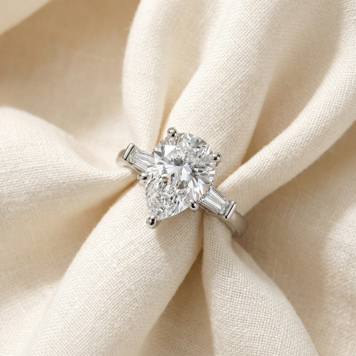 5 3/4Ct Certified Pear & Baguette Diamond Engagement Ring 14k Gold Lab grown