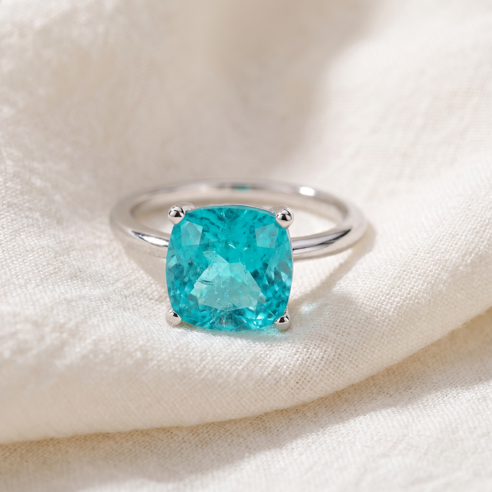 6 1/2Ct Cushion Paraíba Solitaire Ring 14k Gold Lab Grown 10MM