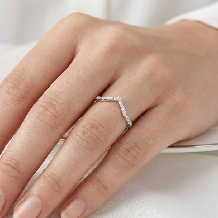 1/5Ct V Shape Curved Lab Grown Diamond Wedding Ring 10k White Gold