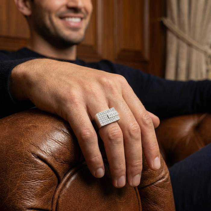 Men's 1CT Diamond Rectangle Cluster Ring 10k Gold Lab Grown