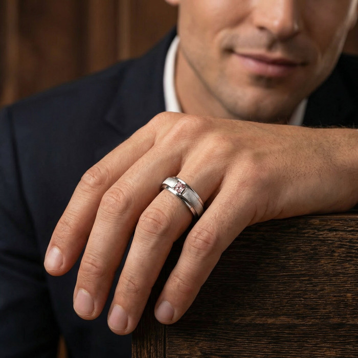 Mens Brushed Pink Diamond Lab Grown Wedding Brushed Anniversary Ring White Gold