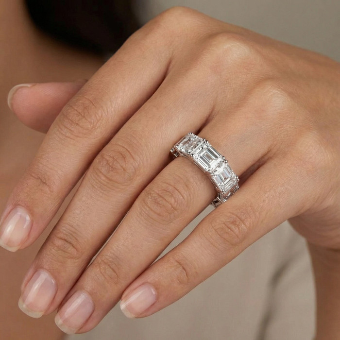 10Ct Emerald Cut Diamond Eternity Ring East West Set 14k White Gold Lab Grown
