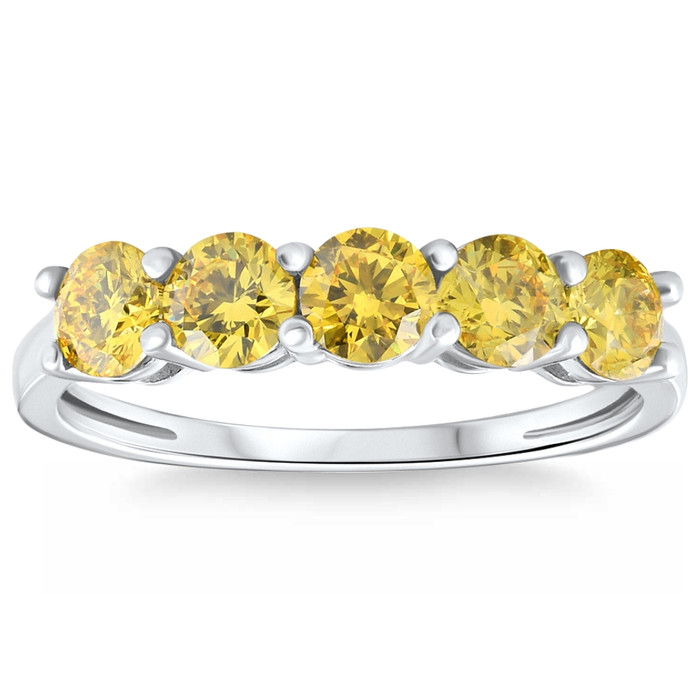 1Ct Fancy Yellow Diamond Five Stone Wedding Ring 14k Gold Lab Grown