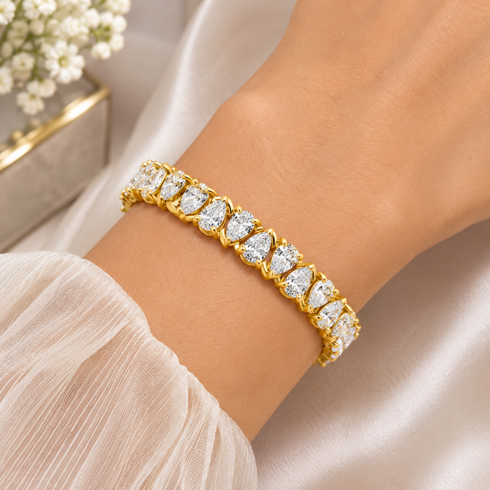 10Ct Pear Shape Diamond Tennis Bracelet Wide 14k Yellow Gold Lab Grown