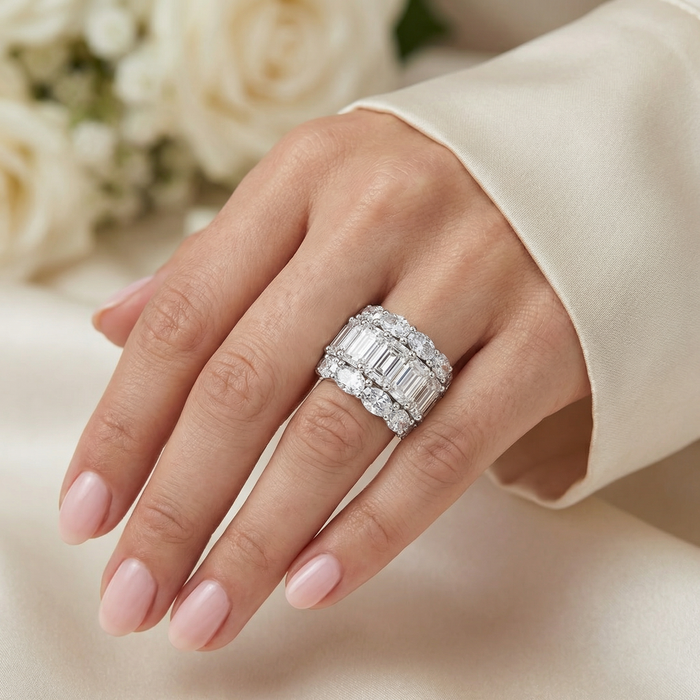 12.30Ct Diamond Wide Fashion Ring Emerald & Oval Cut Gold Lab Grown Band