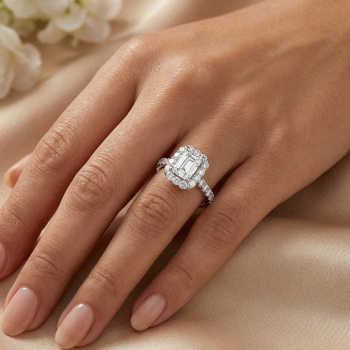 1.75 Ct Emerald Diamond Halo Engagement Ring 14k White Gold Lab Grown