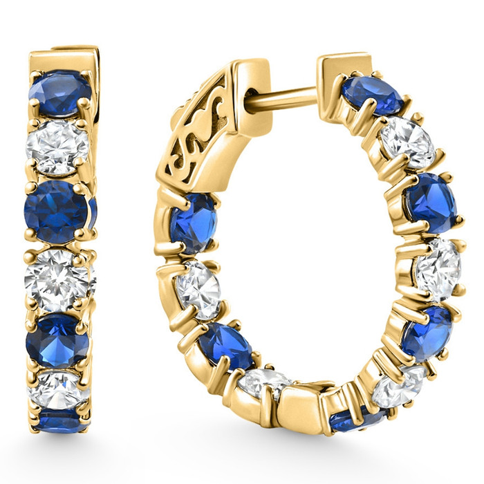 4 1/2Ct Diamond & Sapphire Hoops White or Yellow Gold Lab Grown 1" Tall