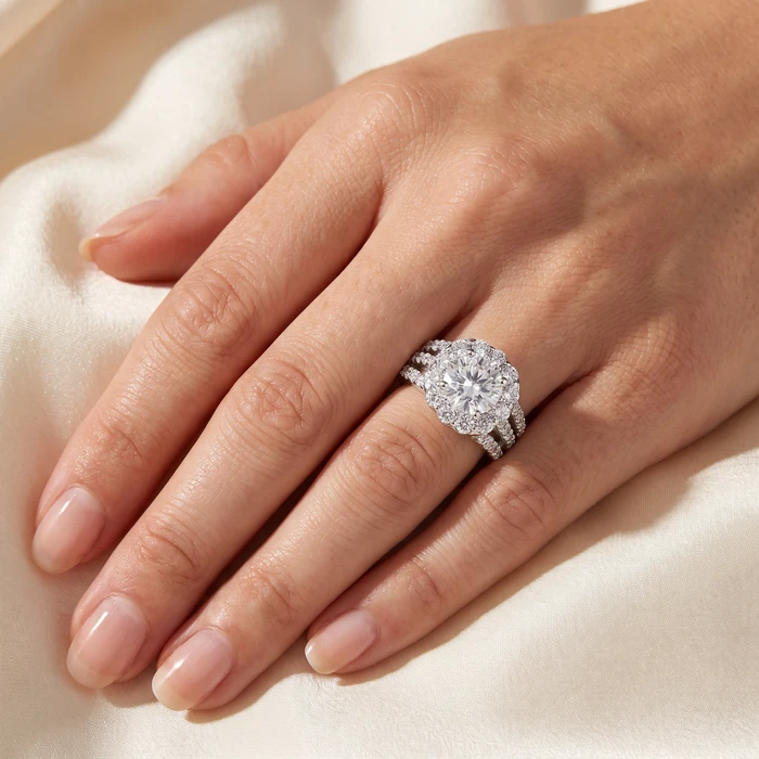 4 1/2ct Cushion Halo Diamond 3-Row Engagement Ring 14k White Gold Lab Grown