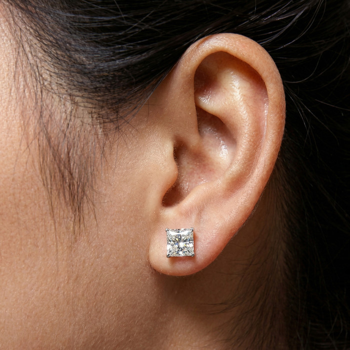 Certified 3Ct Princess Cut Diamond Studs 14k White Gold Lab Grown