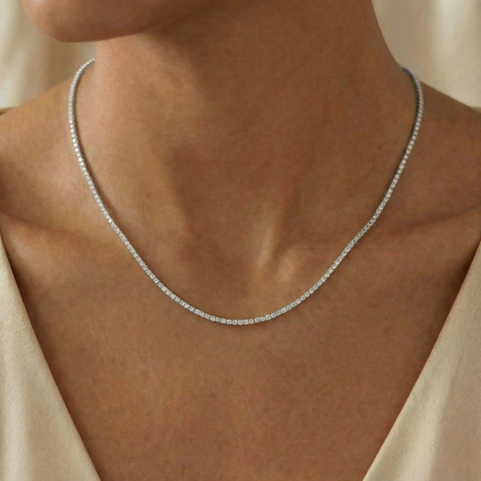 7Ct TW Diamond Tennis Necklace 4-Prong 14k White Gold 16.5" Lab Grown