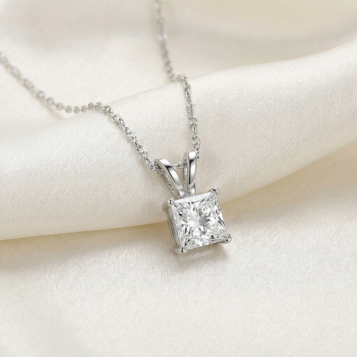 2 1/2Ct Princess Cut Diamond Certified Solitaire Necklace Lab Grown 14k White Gold