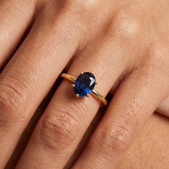 14k Yellow Gold Oval Blue Sapphire Engagement Anniversary Ring Lab Grown 9x7mm