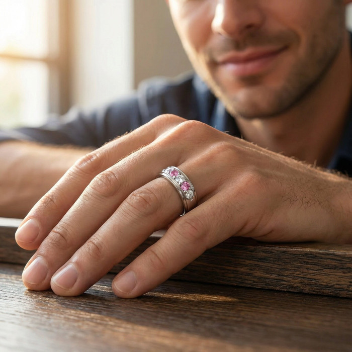 1 Ct T.W. Pink & White Lab Grown Diamond Mens Wedding Ring 5-Stone White Gold