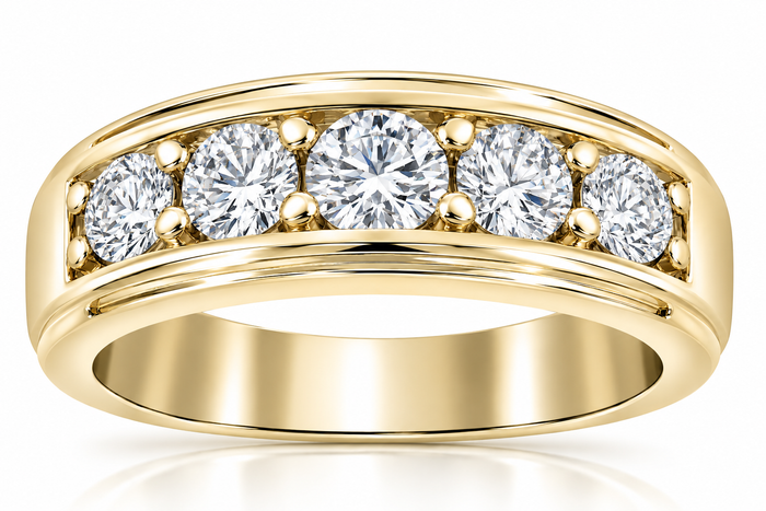 1 Ct Diamond Ring Mens High Polished Solid Yellow Gold Wedding Band Lab Grown
