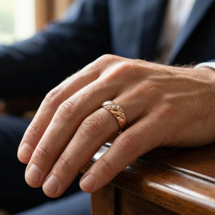 VS Diamond 3-Stone Men's Wedding Band in White, Yellow, or Rose Gold Lab Grown