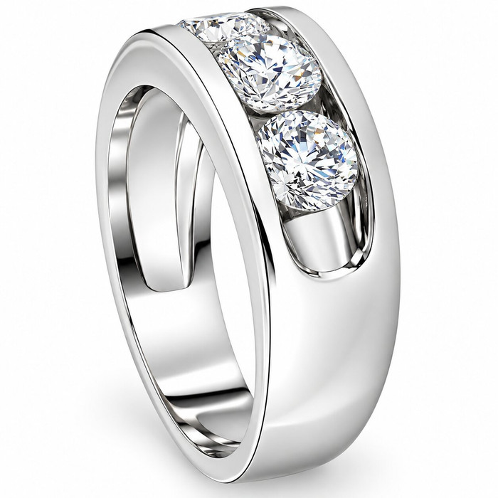 2 1/4Ct Diamond Men's Three Stone Ring 10k White Gold Lab Grown