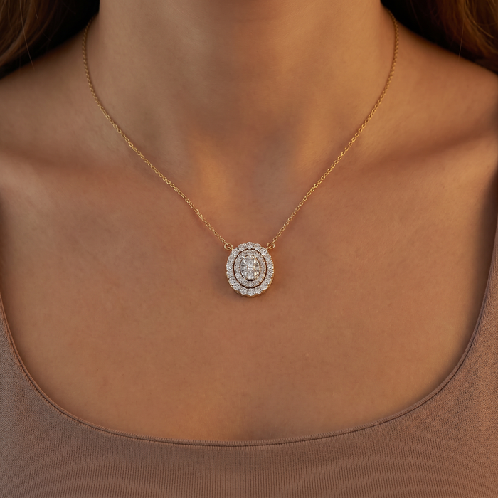 .85Ct Oval Diamond Halo Pendant Women's Yellow Gold Necklace 14mm Tall Lab Grown