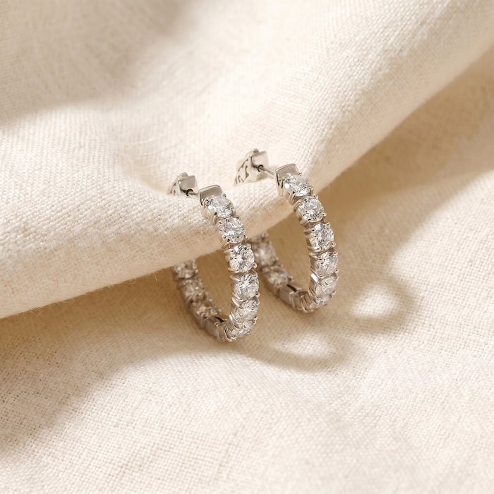 4.40 Ct TW Diamond Inside Outside Hoops Vault Lock 14k White Gold Lab Grown 1" Tall