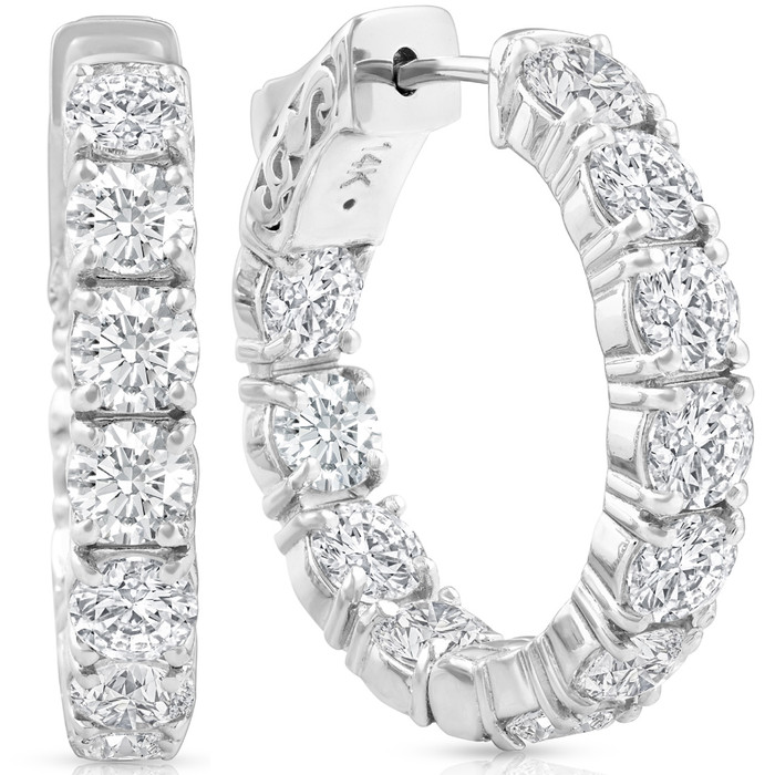 4 1/2 Ct Diamond Inside Outside Hoops W/ Vault Lock 14k White Gold Lab Grown