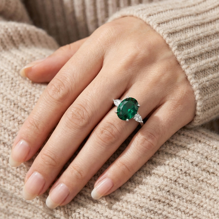 16x12mm Emerald & 1Ct Pear Shape Diamond Ring 14k Gold Lab Grown