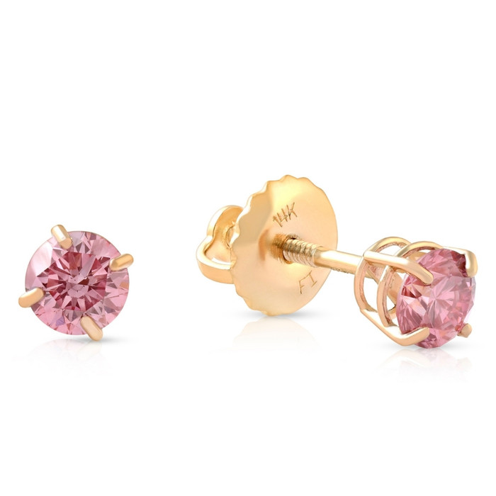3/8Ct Pink Lab Grown Diamond Screw Back Studs Earrings 14K Yellow Gold