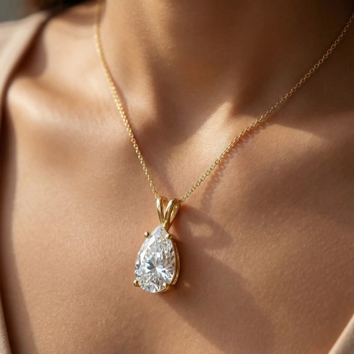 4Ct Solitaire Pear Shape Diamond Pendant Lab Grown 14k Gold 18" Necklace
