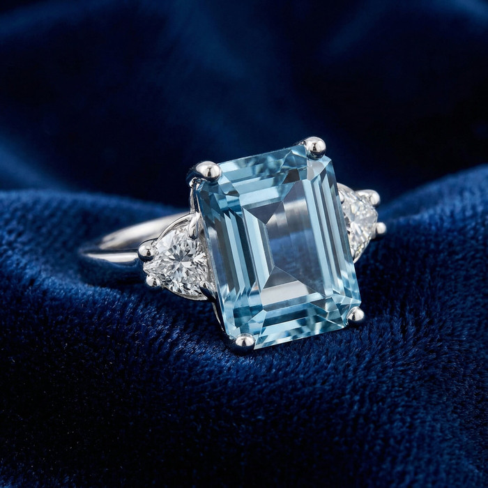 Platinum Aquamarine & Heart Shape Diamond Ring Lab Grown