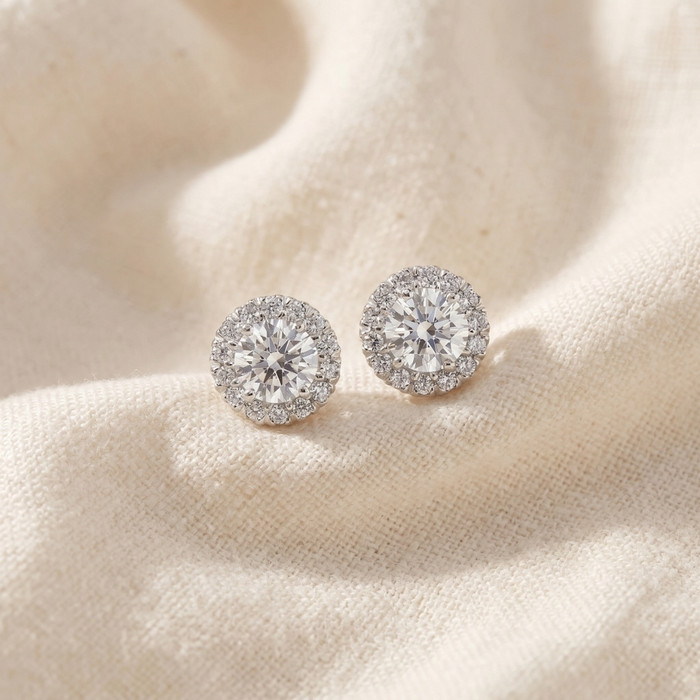 3Ct TW Round Halo Diamond Studs 14k White Gold Lab Grown 11.5mm