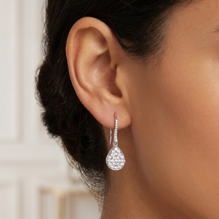 1 1/8ct Lab Grown Diamond Hoops Dangle Pear Shape 18K White Gold 1 1/4" Tall
