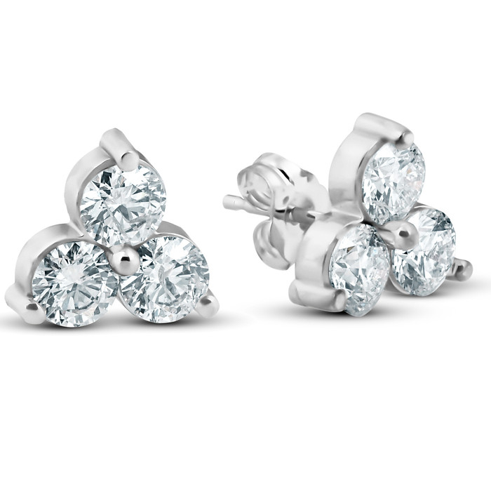 1ct Lab Grown Diamond 3 Stone Studs Womens Earrings 14K White Gold