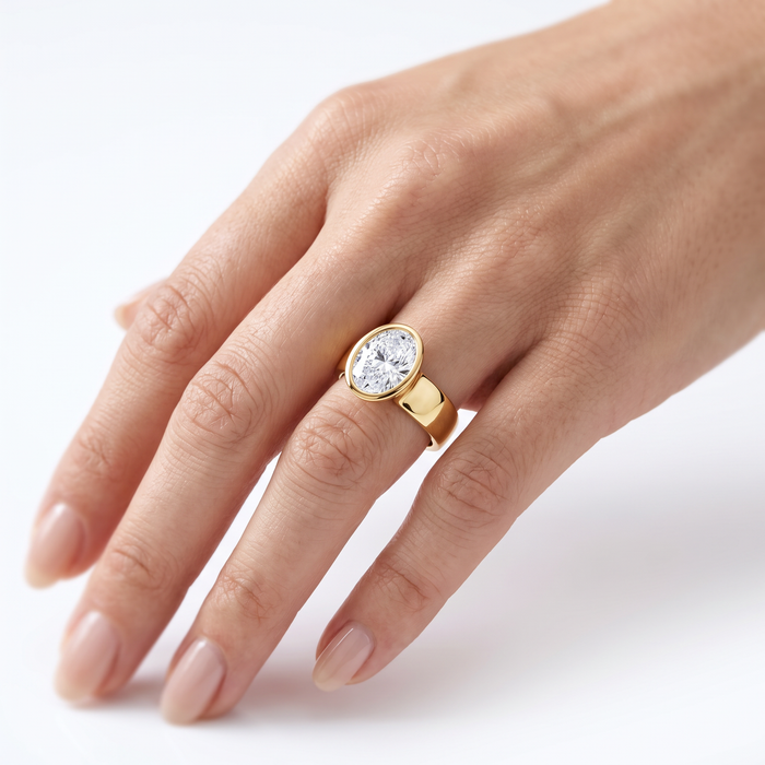 Certified 2Ct Oval Sculptural Bezel Diamond Engagement Ring 14k Gold Lab Grown
